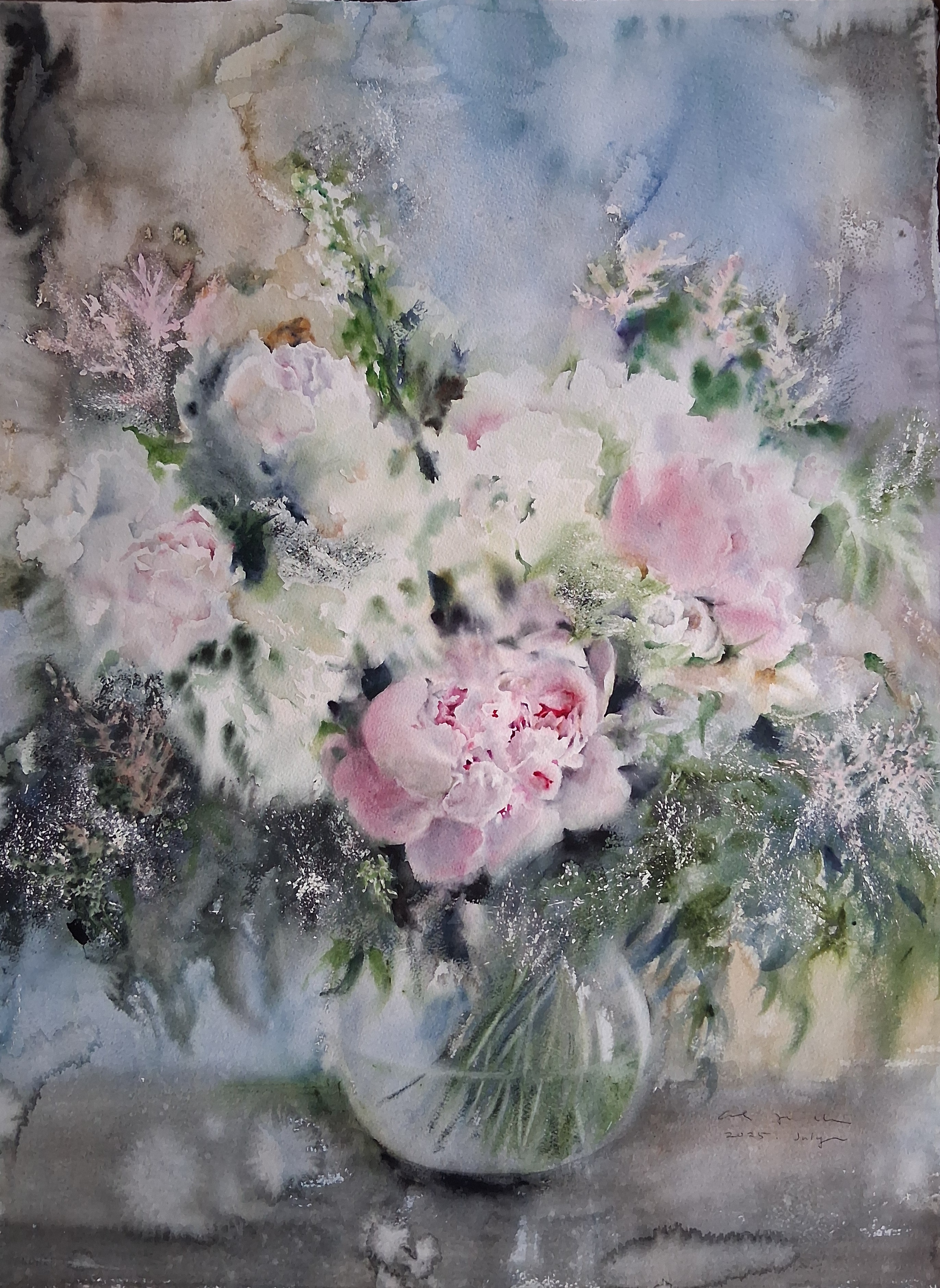 A watercolour still life of pink and white peonies arranged in a round glass vase.