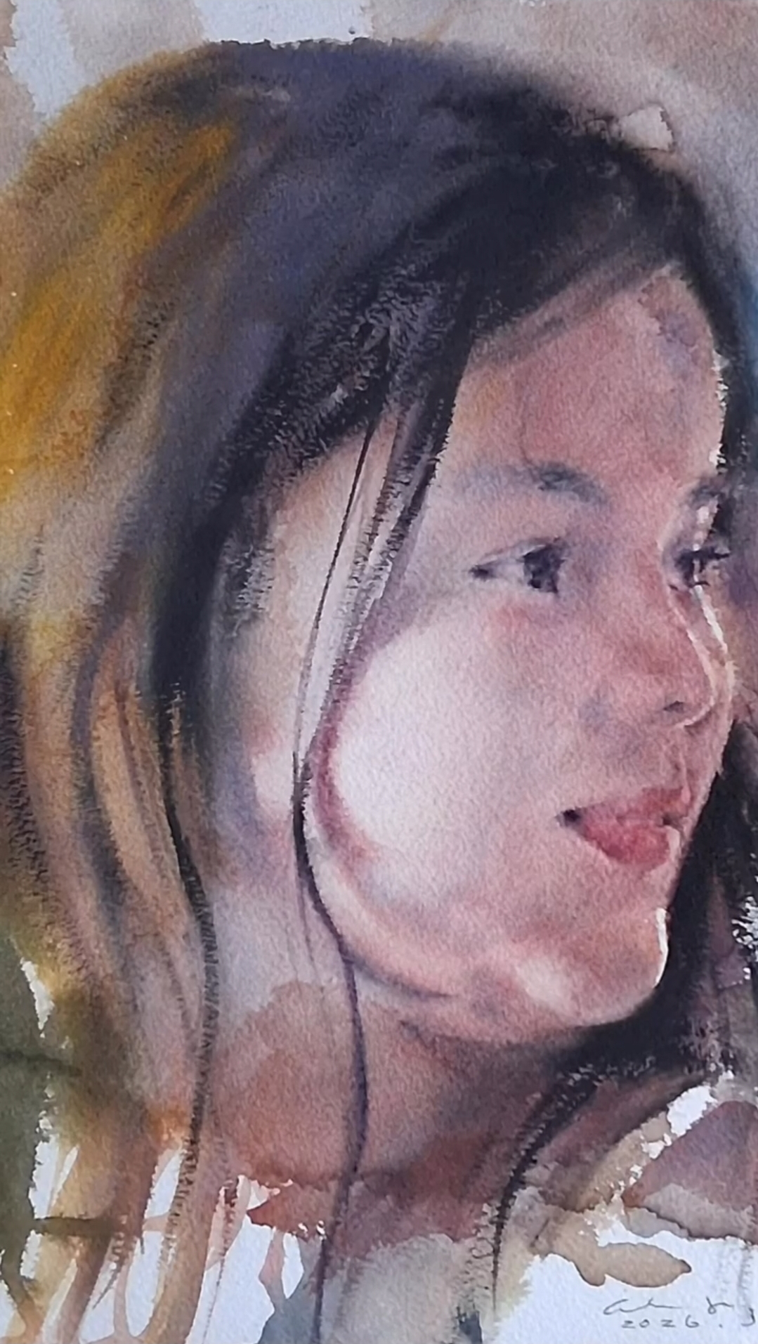 A watercolour portrait of a young girl with dark hair, glancing to the side with a soft smile.