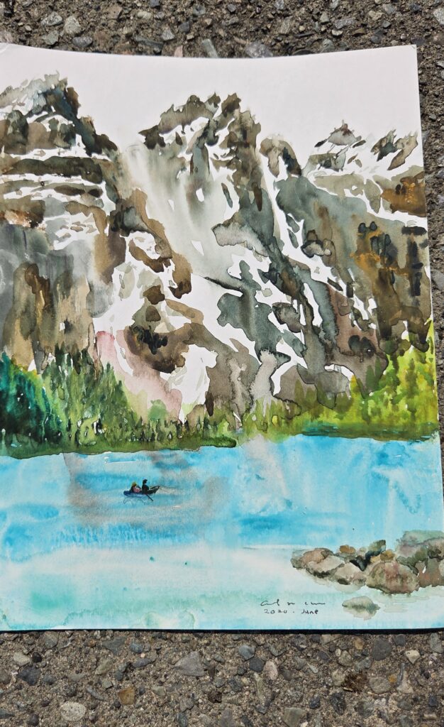 A watercolour painting of a kayaker paddling across a calm alpine lake.