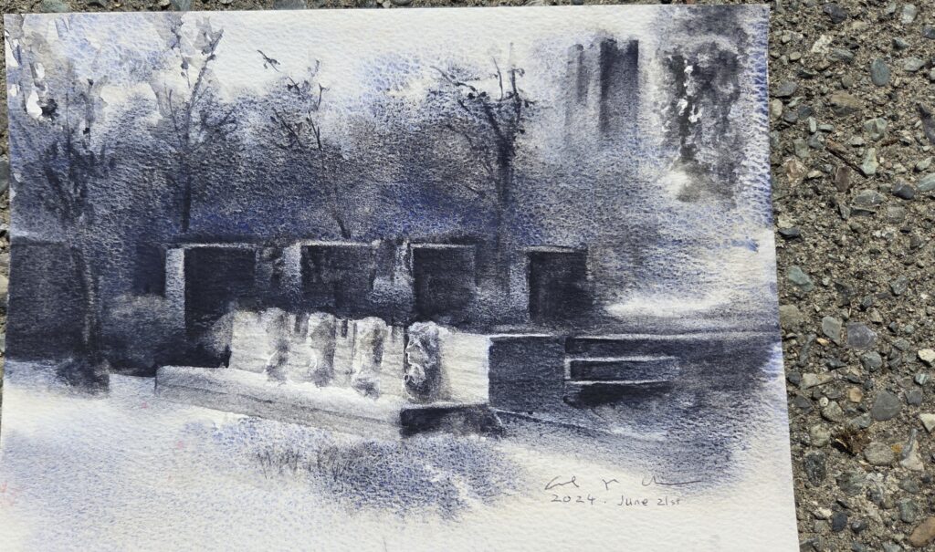 A monochrome blue watercolour of an architectural village scene.