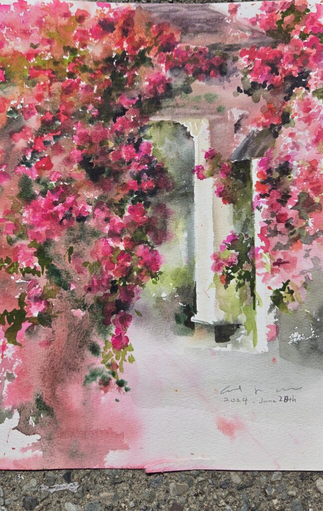 A watercolour scene of a Mediterranean terrace covered in blooming bougainvillea.