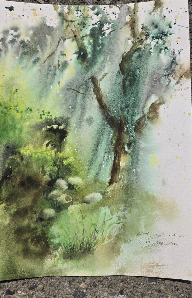 An abstract watercolour of tree branches and foliage in soft green mist.