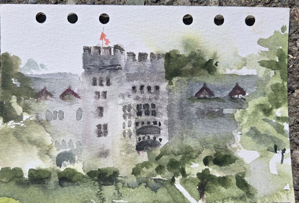 A watercolour scene of a stone castle nestled among trees, painted in soft earthy tones.