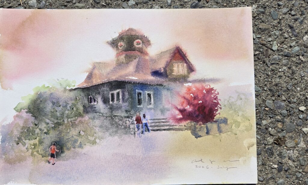 A watercolour scene of a cottage with figures walking along a garden path.