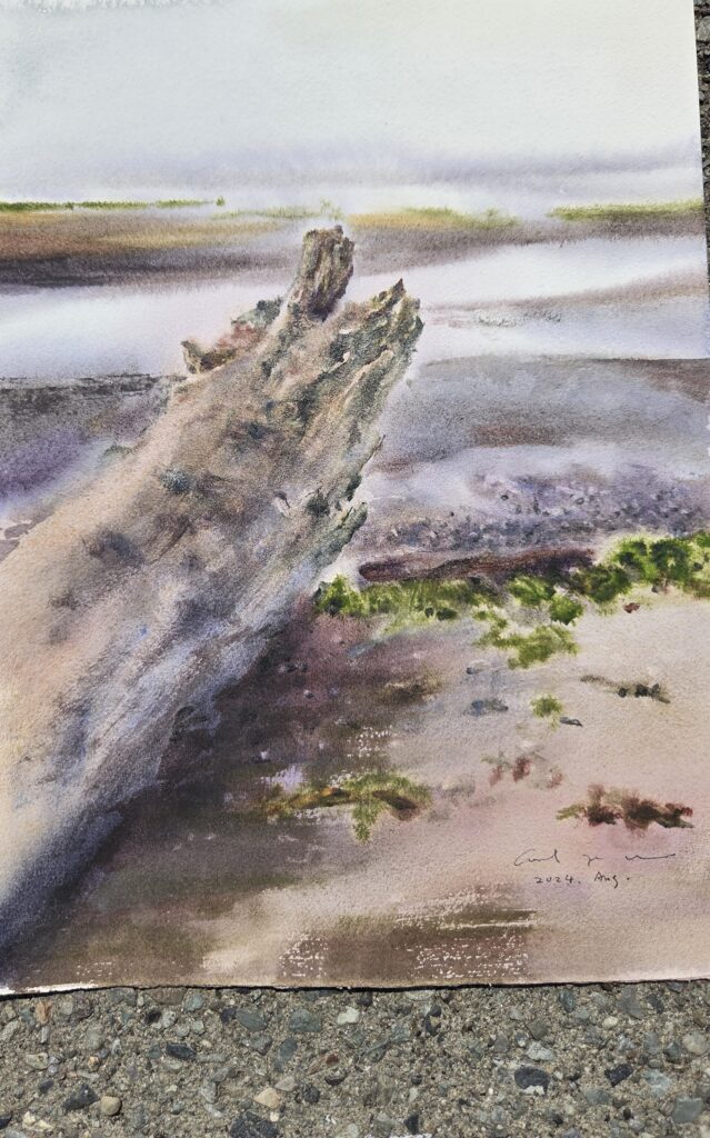 A watercolour painting of driftwood resting along a misty shoreline.