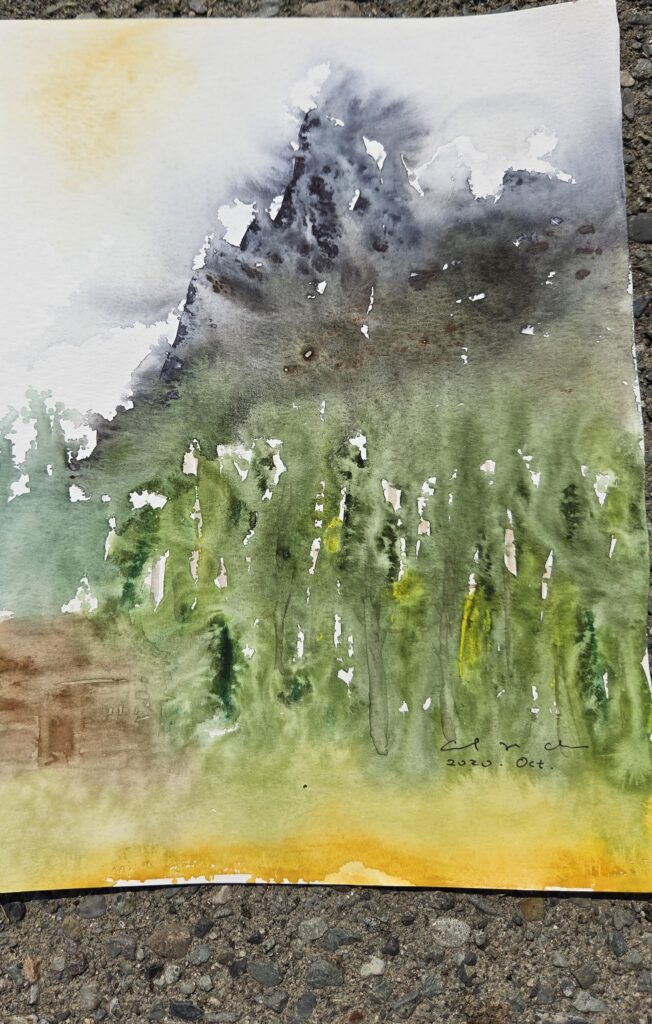 An abstract watercolour study in earthy greens and golds.
