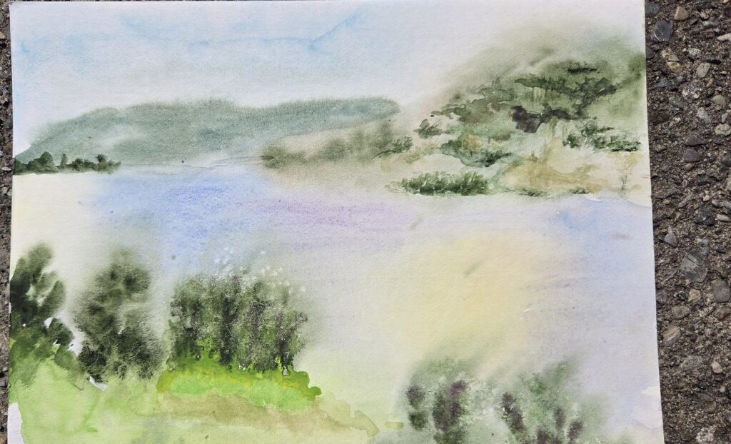 A watercolour painting of a tranquil lake framed by emerald green shoreline.