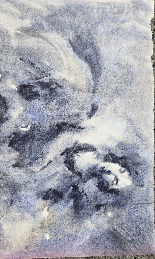 A watercolour portrait study of a figure rendered in blue and purple tones.