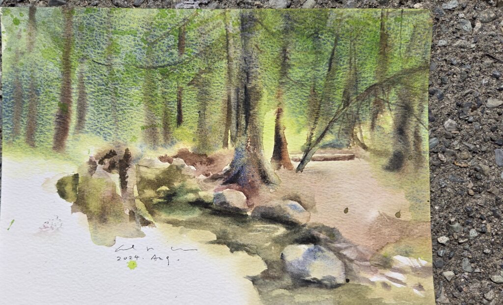 A watercolour painting of a forest creek winding through trees and rocks.