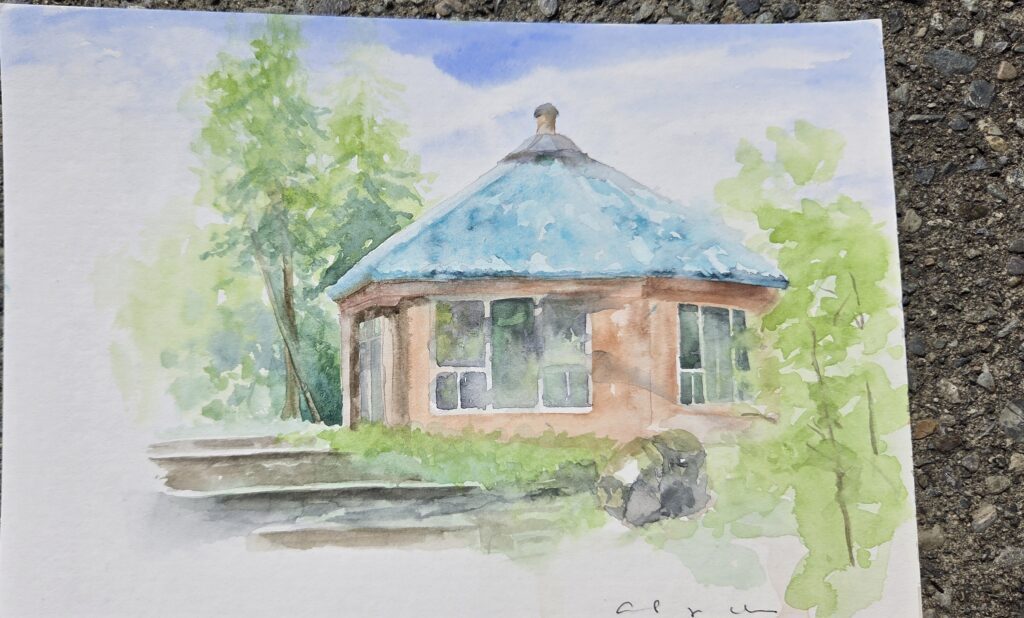 A watercolour painting of a garden gazebo with a blue roof surrounded by trees.