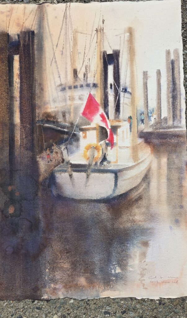 A watercolour harbor scene with boat rigging and a red flag at dusk.