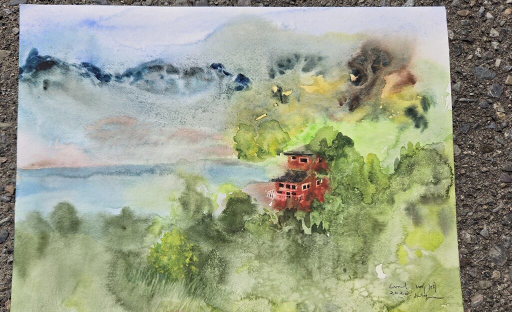 A watercolour scene of a red pagoda nestled beside a misty lake.