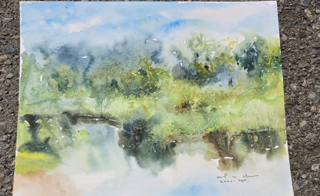 A watercolour painting of a still pond reflecting the surrounding trees at dusk.