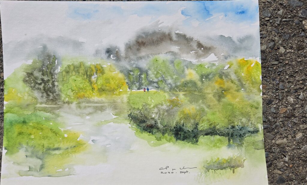 A watercolour landscape of a riverside path with two figures strolling.