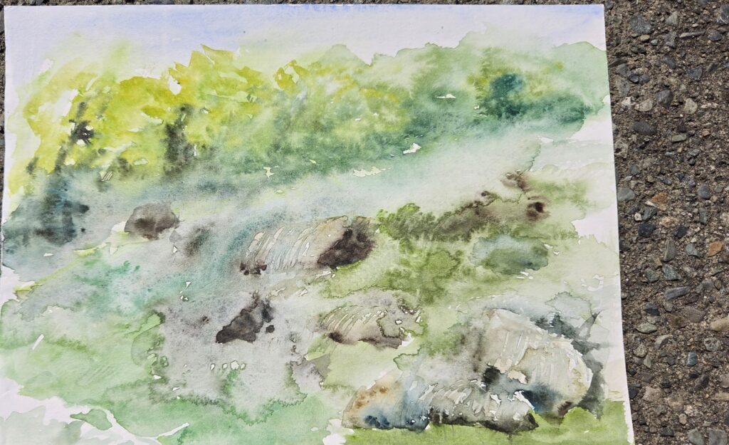A watercolour study of rocks along a green riverbed.