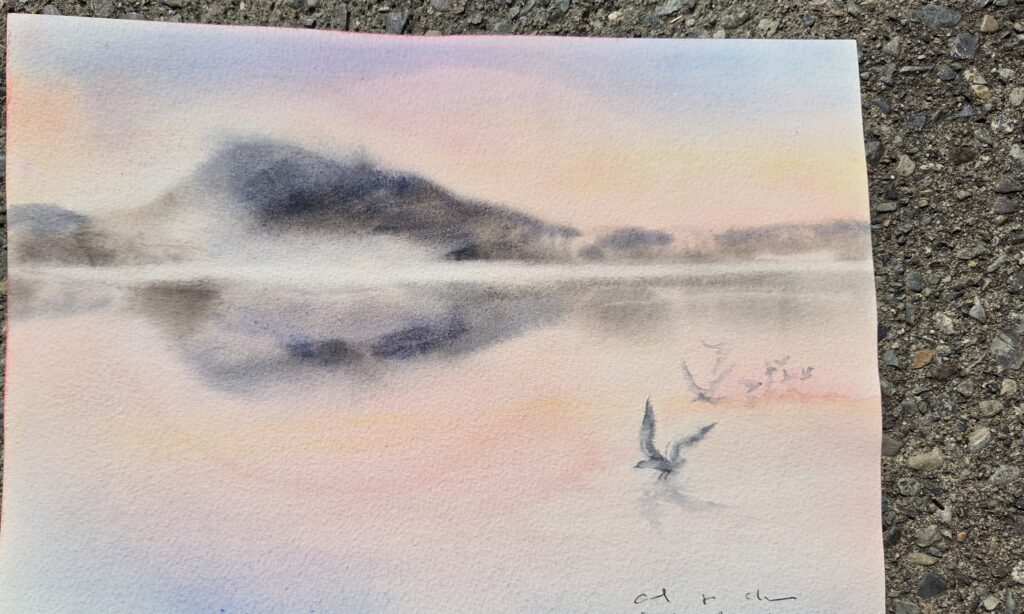 A watercolour sunset scene with birds in flight over a still lake.