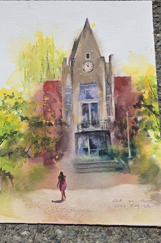 A watercolour street scene featuring a clock tower and a passing figure.