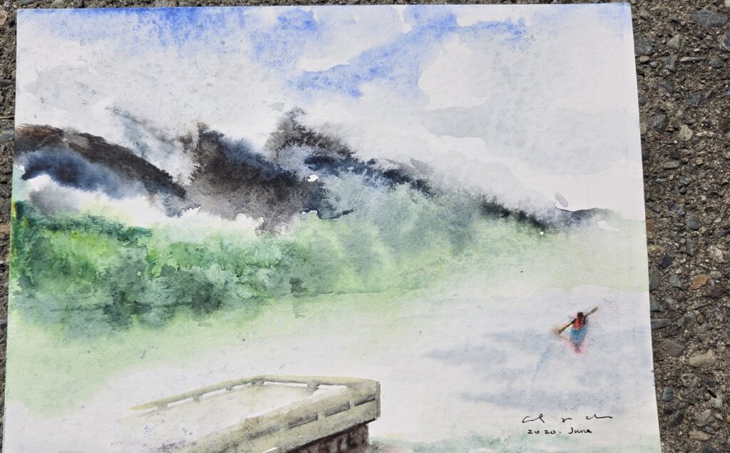 A watercolour lake scene with a wooden dock and a distant kayaker.