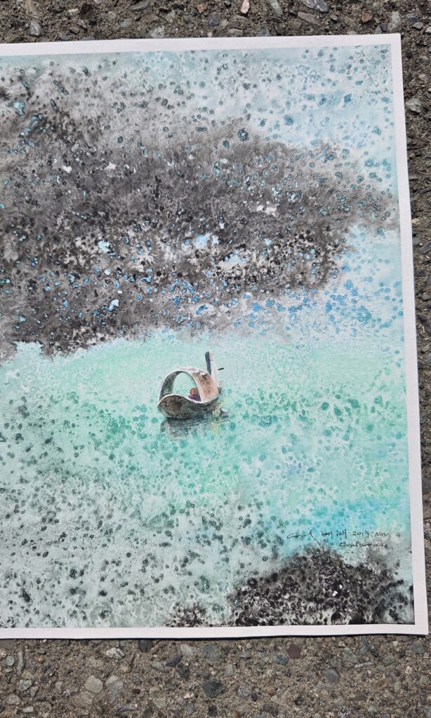 An abstract watercolour still life study in blue and grey tones with a small object.